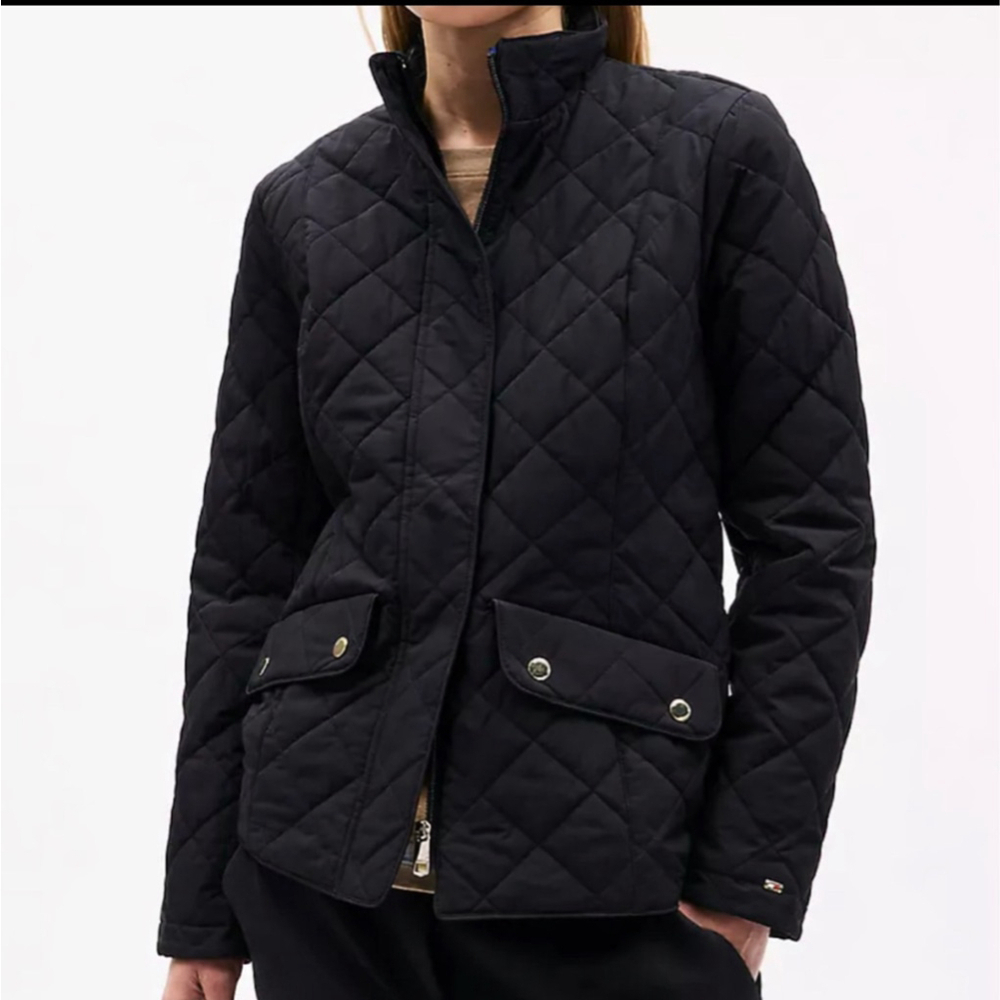 Tommy Hilfiger Women’s Quilted Jacket Black Diamond Stitch Stand Collar Size Sma